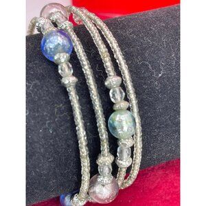 Authentic Murano Glass Blue Bead Memory Coil Bracelet Venice Italy Gift Bag VTG